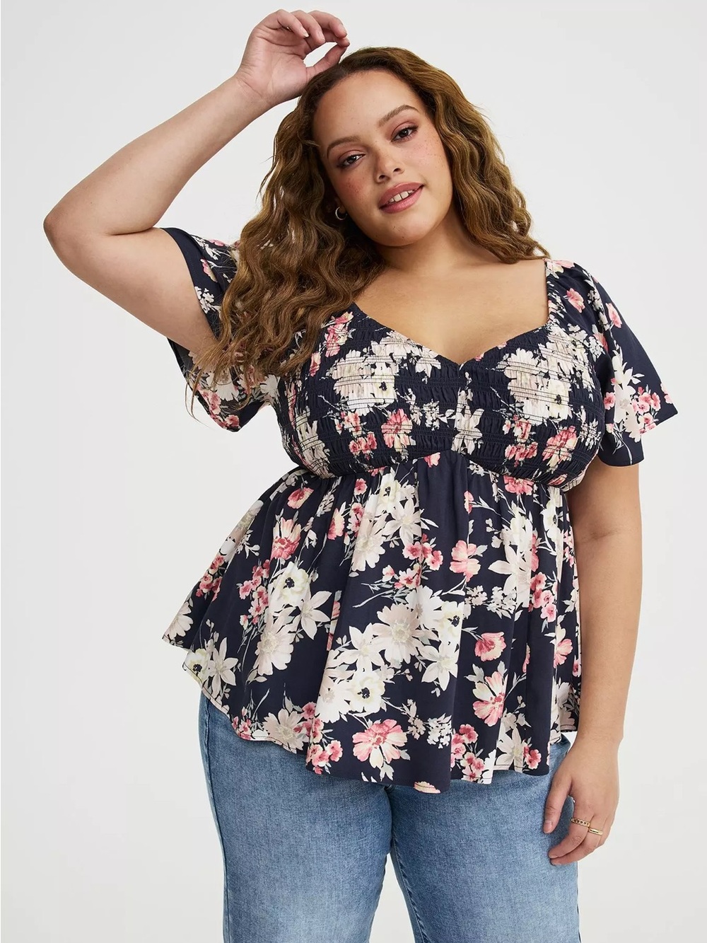 Torrid Whimsical Daisy Floral Smocked Challis Babydoll Top Navy Multi 3X 22-24
